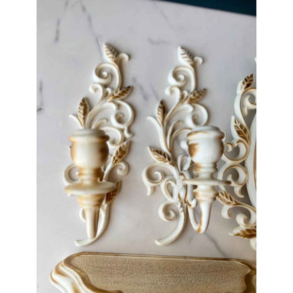 Vtg Spartus Wall Clock Shelf Sconces Set‎ 4pc Hollywood Regency Gold Cream 60s